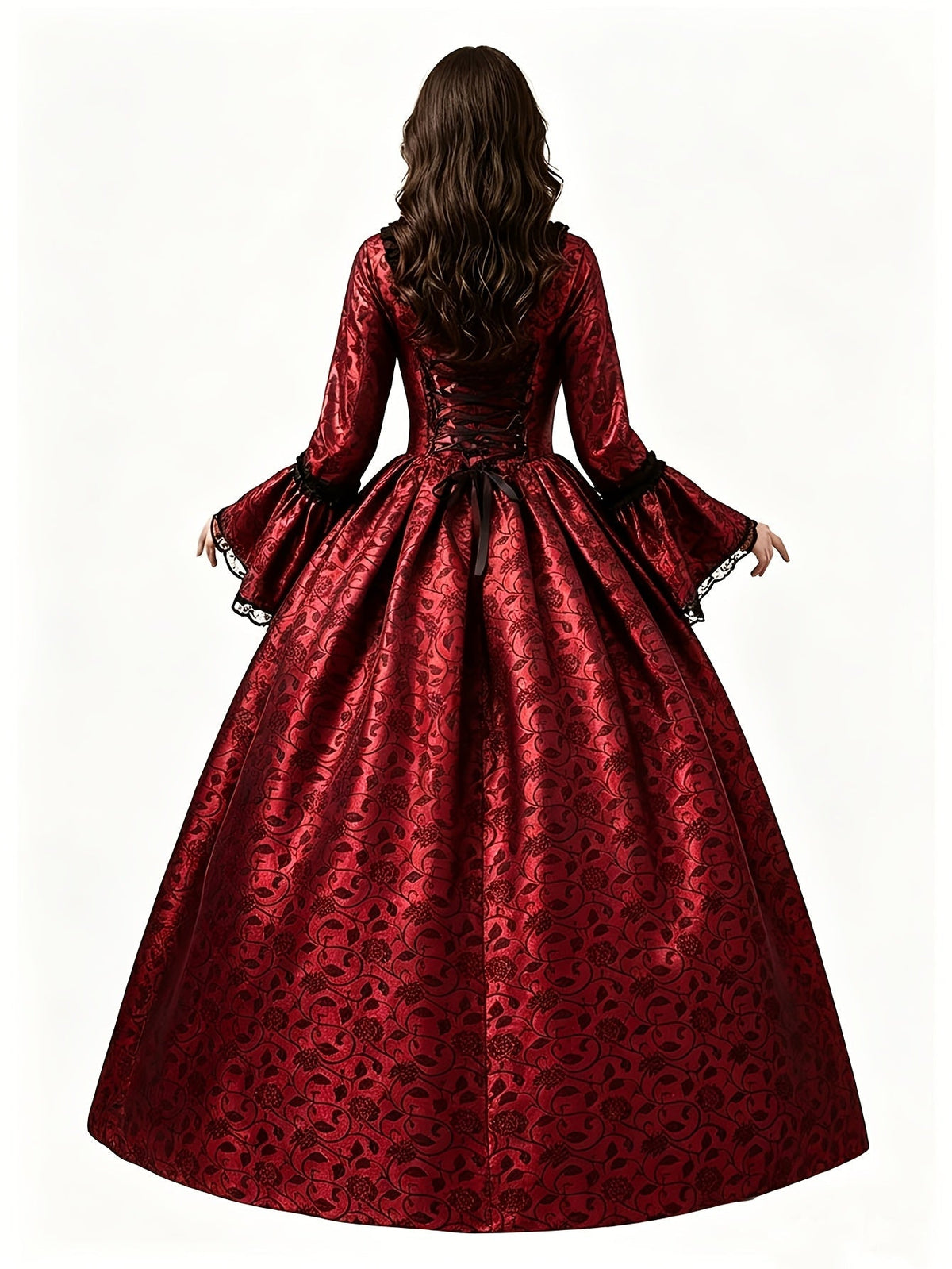 Back view of the red floral brocade gown, showing black corset lacing, ribbon bow and lace-trimmed flared sleeves. 11