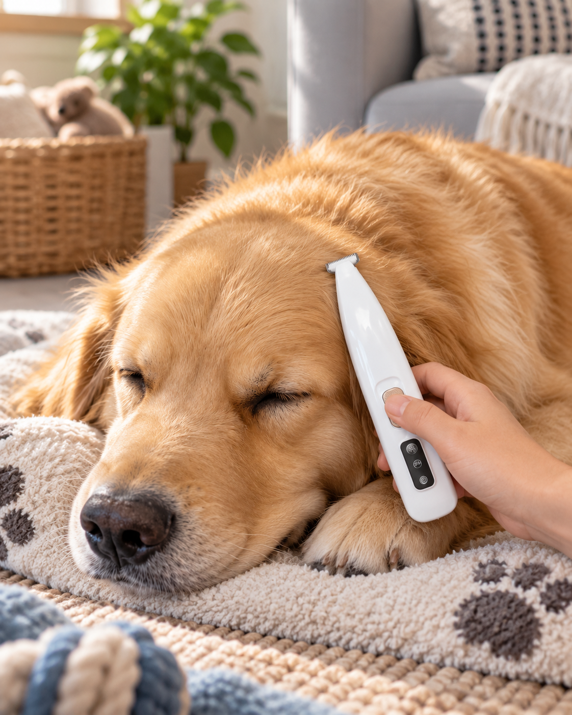 Hand using the white trimmer on the head of a golden dog lying calmly on a paw-print blanket 10