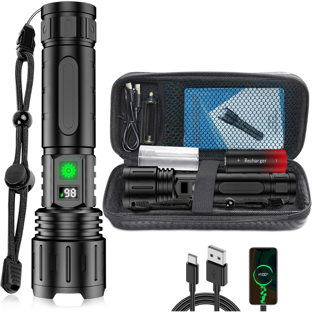 Torch shown with its zipped carry case, spare rechargeable battery, battery holder and USB-C cable, plus a phone being charged from it. 4