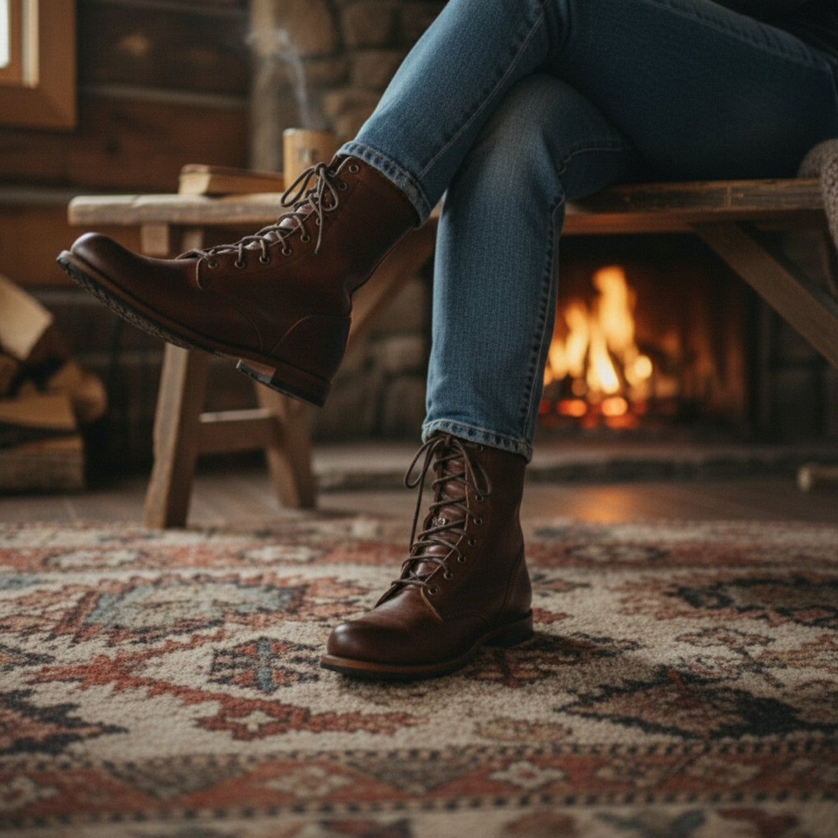 Brown leather lace-up boots worn with blue jeans, legs crossed in front of a lit fireplace on a patterned rug. 5
