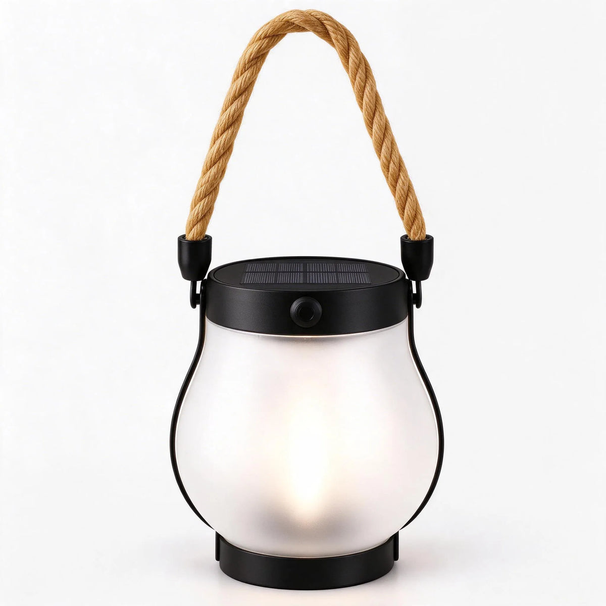 Frosted glass lantern giving off a soft warm white glow, with a black solar top and rope handle 12