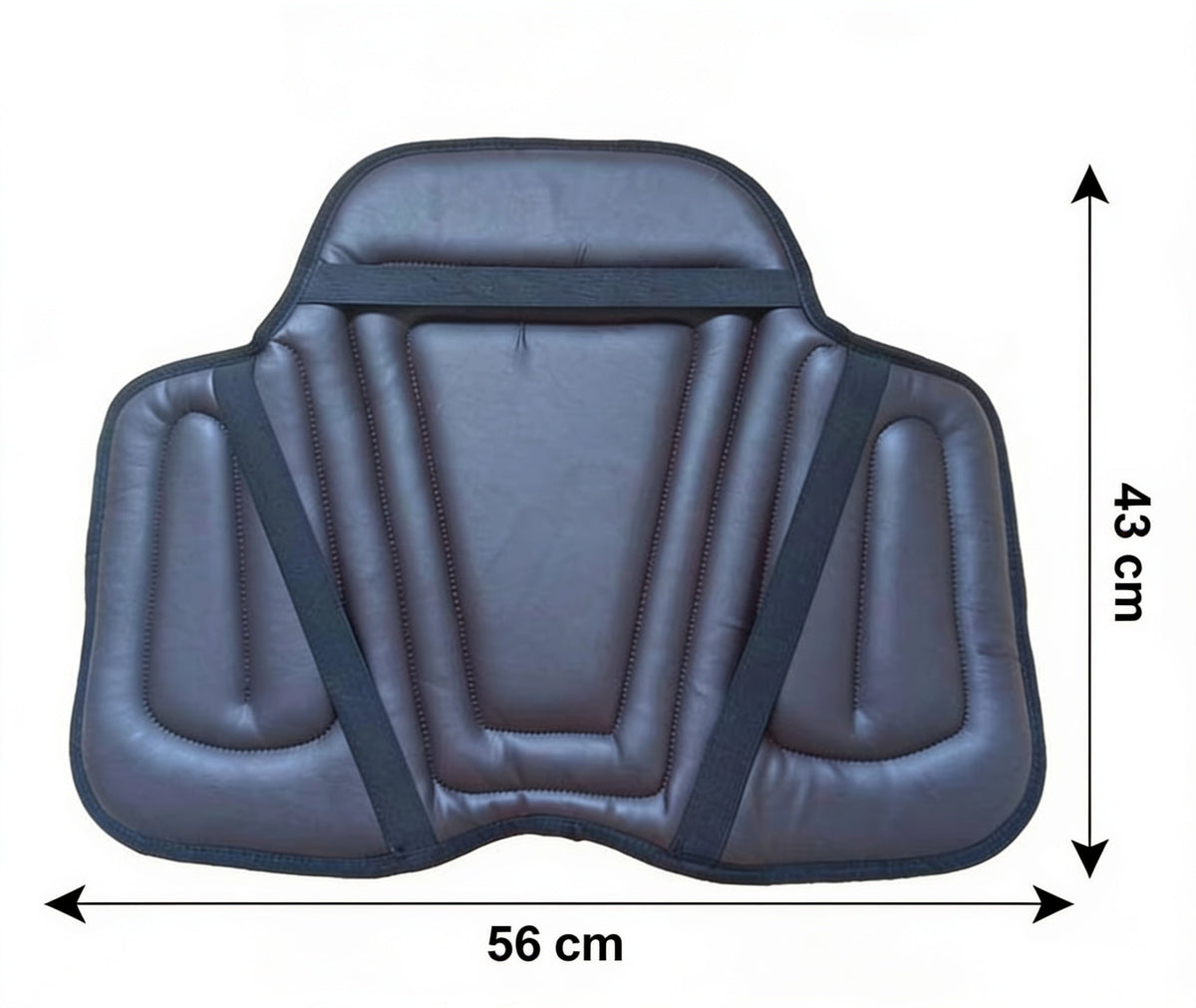 Underside of a brown padded cushion showing elastic fastening straps, with width and length dimension arrows 12