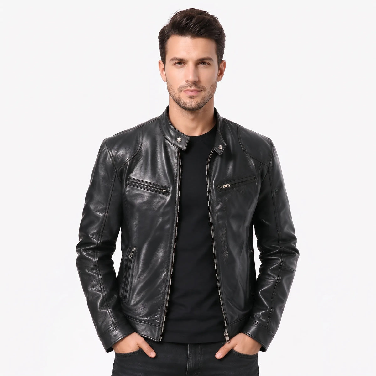 Model in a black leather biker jacket over a black t-shirt, hands in pockets 17