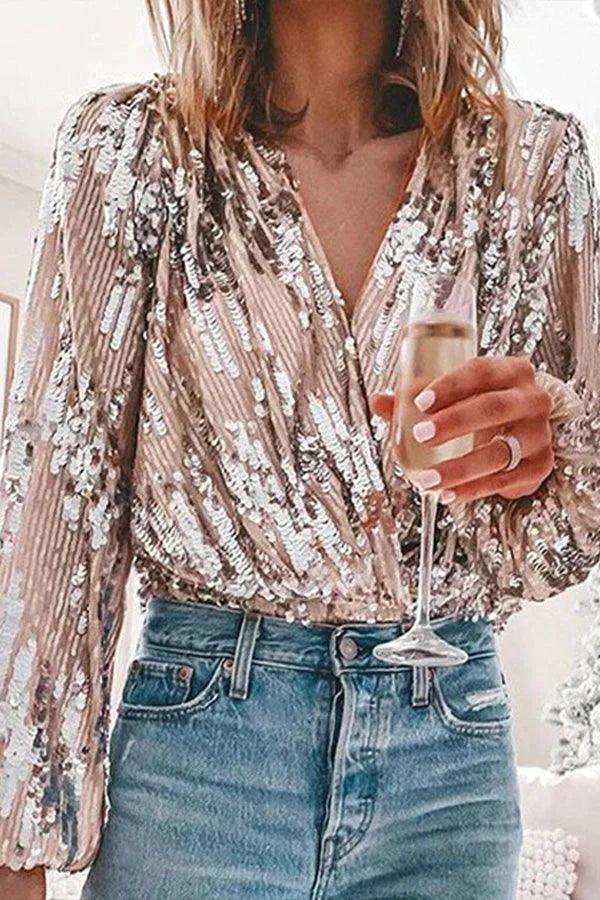 Sparkling & Stylish Ladies' Glitter V-neck Long-sleeve Top – Winter Magic by Naya