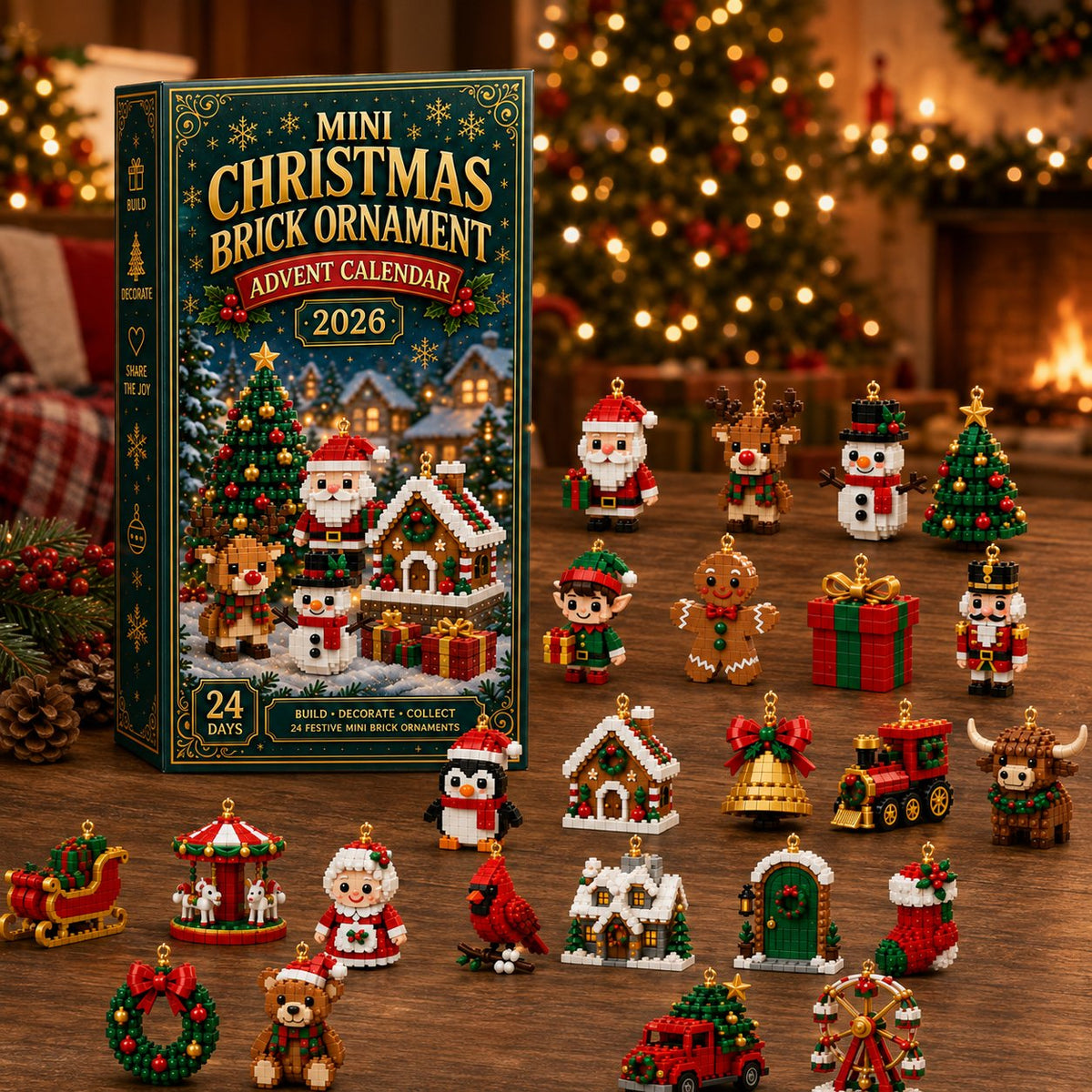 Calendar box on a wooden table in a cosy living room, with the full set of 24 built ornaments laid out in front of it. 10