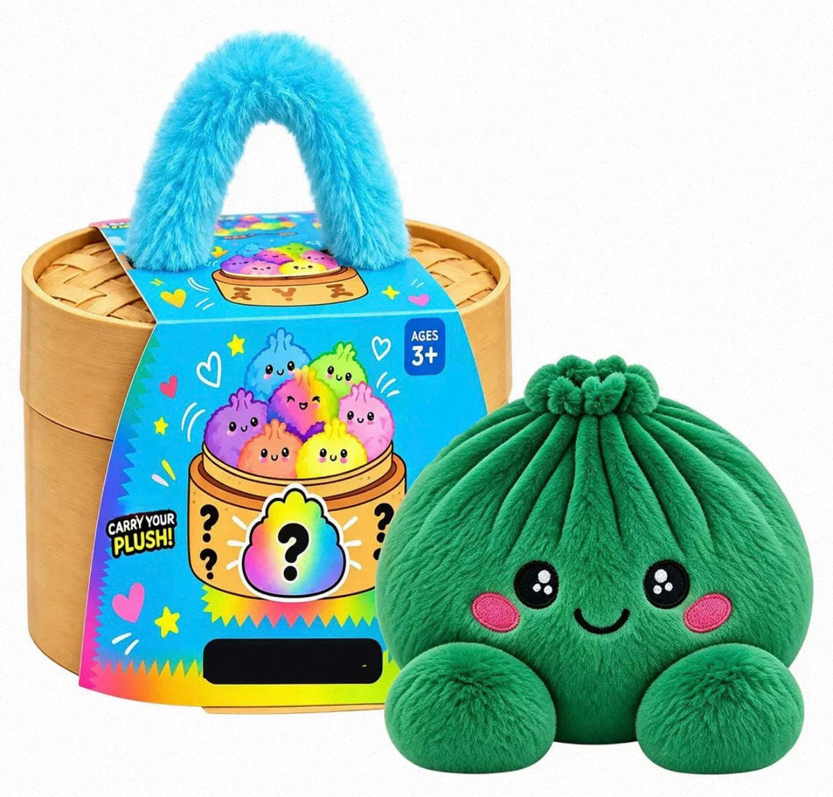 Dark green plush dumpling beside the bamboo steamer gift box with a fluffy blue handle and colourful sleeve 23
