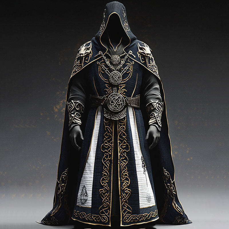 Front view of a dark hooded robe on a faceless figure, with gold Celtic knotwork trim, a wide belt and chain pendants. 1