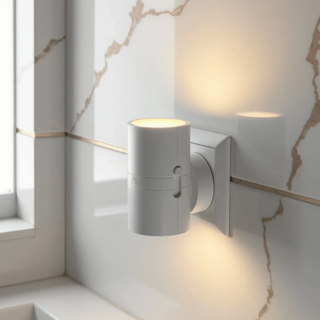 Close-up of a white cylindrical light with side slider in a socket on veined marble 9