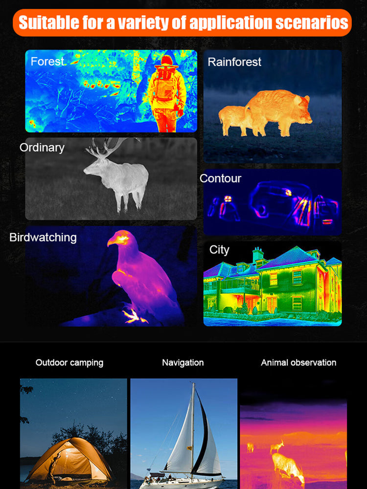 Collage of thermal images of a hiker, boars, deer, an eagle and a house, plus camping and sailing scenes 5
