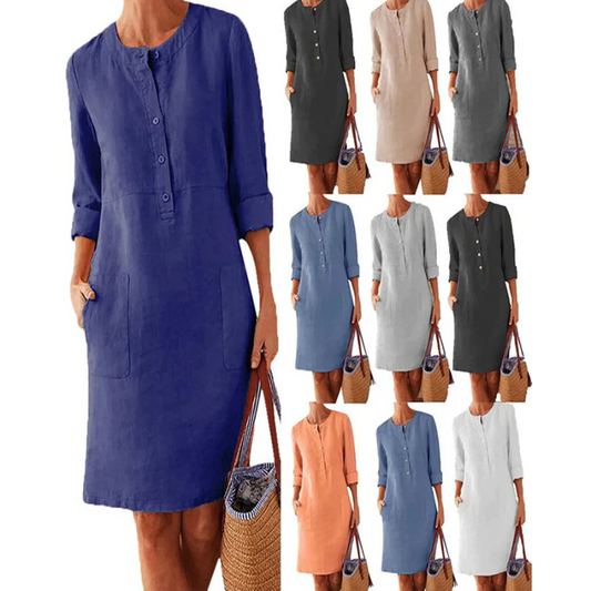 Stylish autumnal women's casual dress with pockets & round neckline – Niva