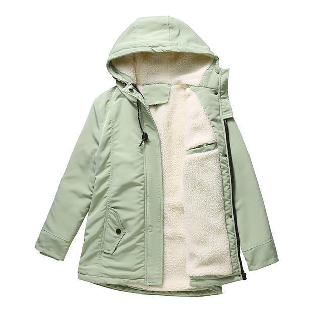 Pale mint green parka laid flat and open, showing the cream fleece lining and snap-fastened pocket 10