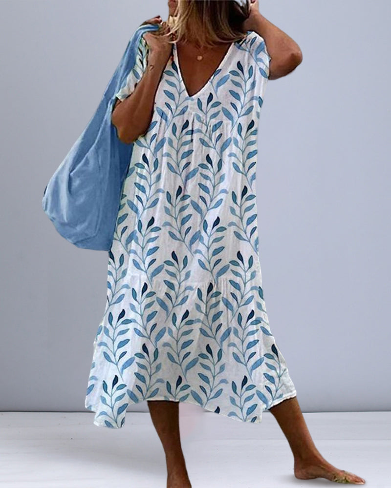 Trendy midi dress with leaf pattern and V-neck – Nea