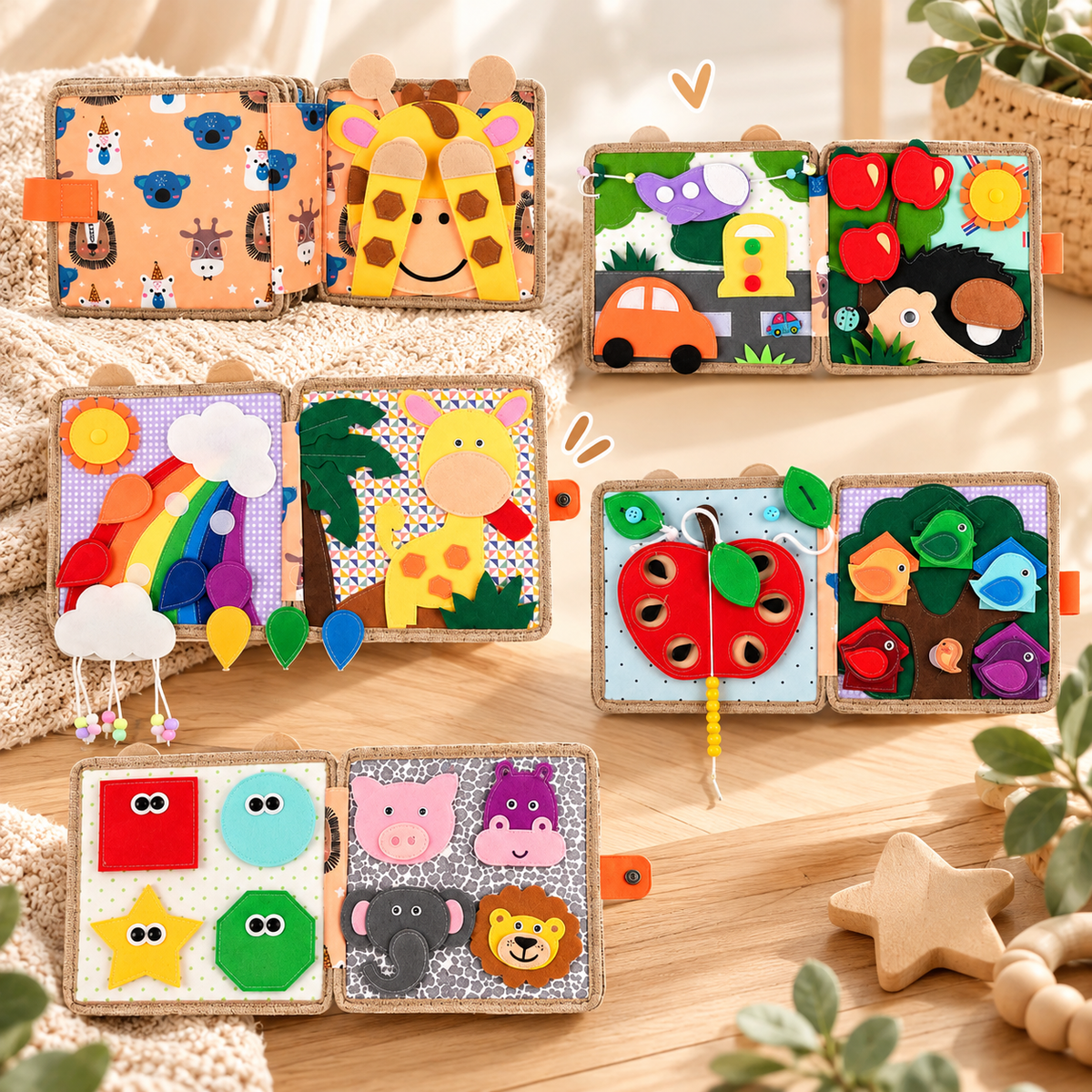 Five opened spreads of the giraffe book: animal print cover, rainbow, road scene, apple lacing, shapes and animals 14