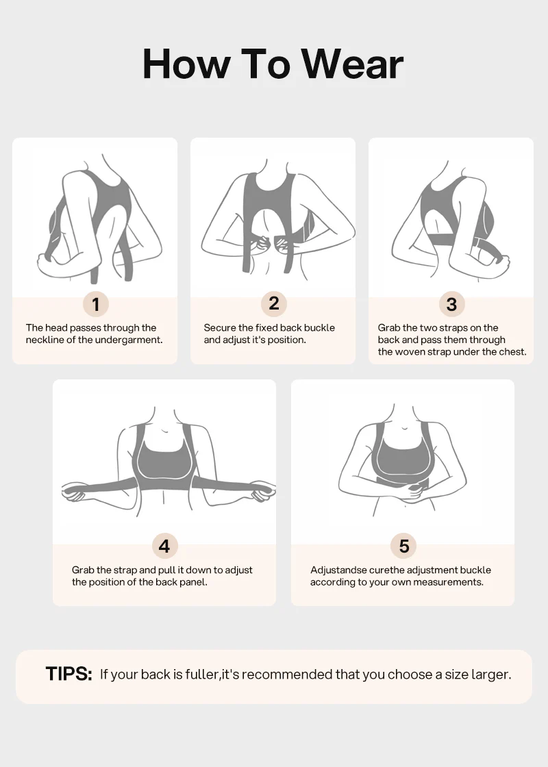 Five-step illustrated guide showing how to put on the support bra, from pulling it over the head to fastening the back buckle and adjusting the straps. 21