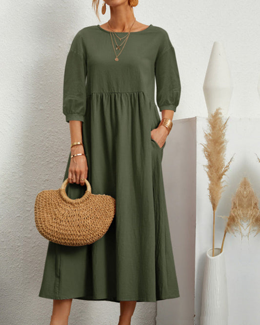 Midi dress with round neckline & lantern sleeves – Selina