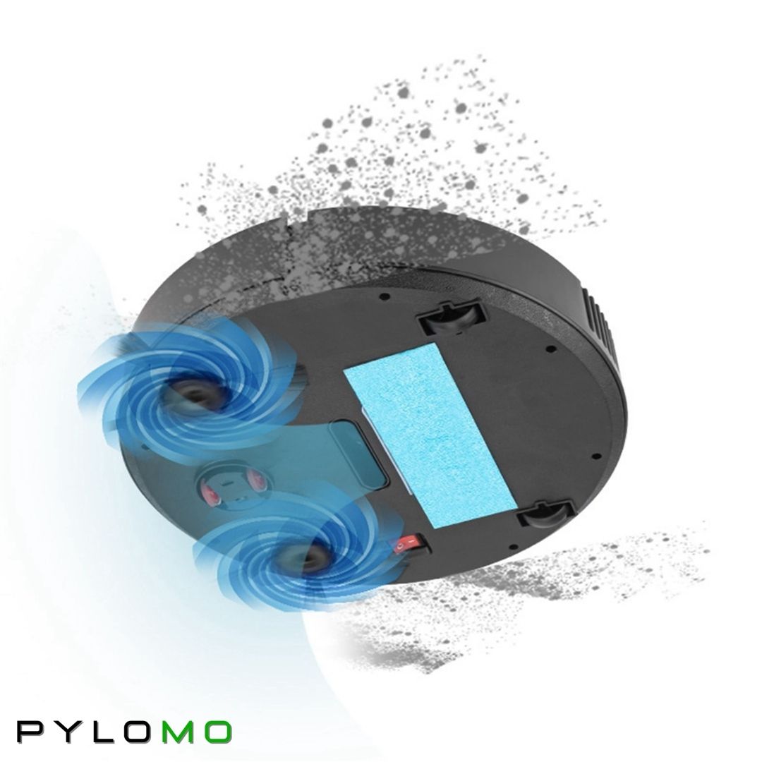 Tilted underside of the robot cleaner with a blue mopping pad, red switch and swirling airflow graphics lifting dust. 7