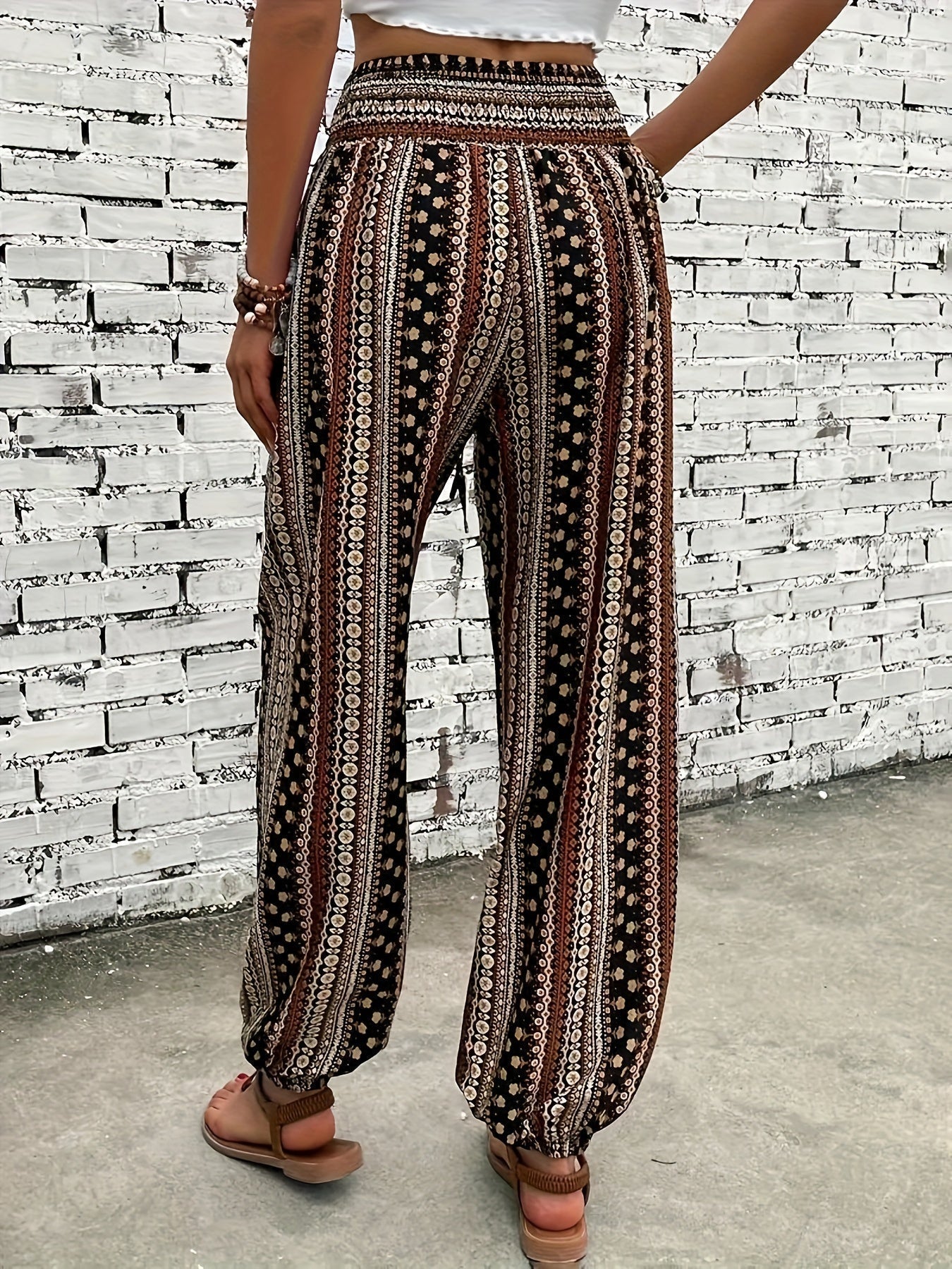 Boho High-Waist Women's Trousers with Print & Smocked Waistband – Linara