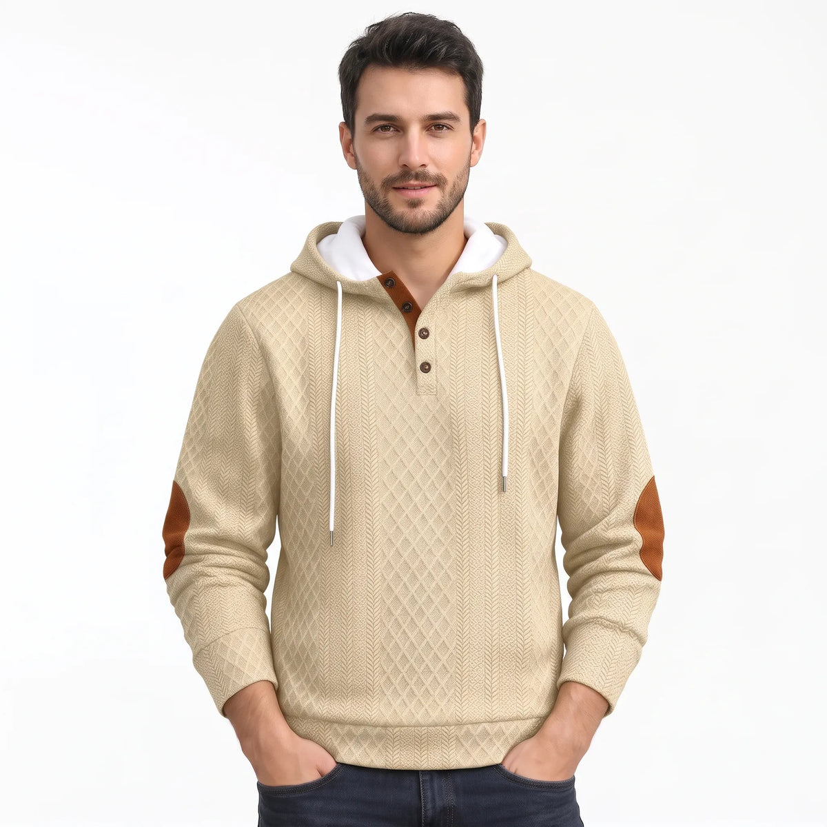 Model wearing the beige version of the diamond-textured hoodie with buttoned collar, white drawstrings and tan elbow patches 44