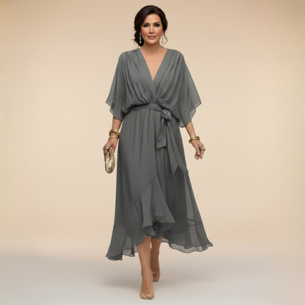 Elegant Flowy Midi Dress for Women β V-Neck & Adjustable Waist 10