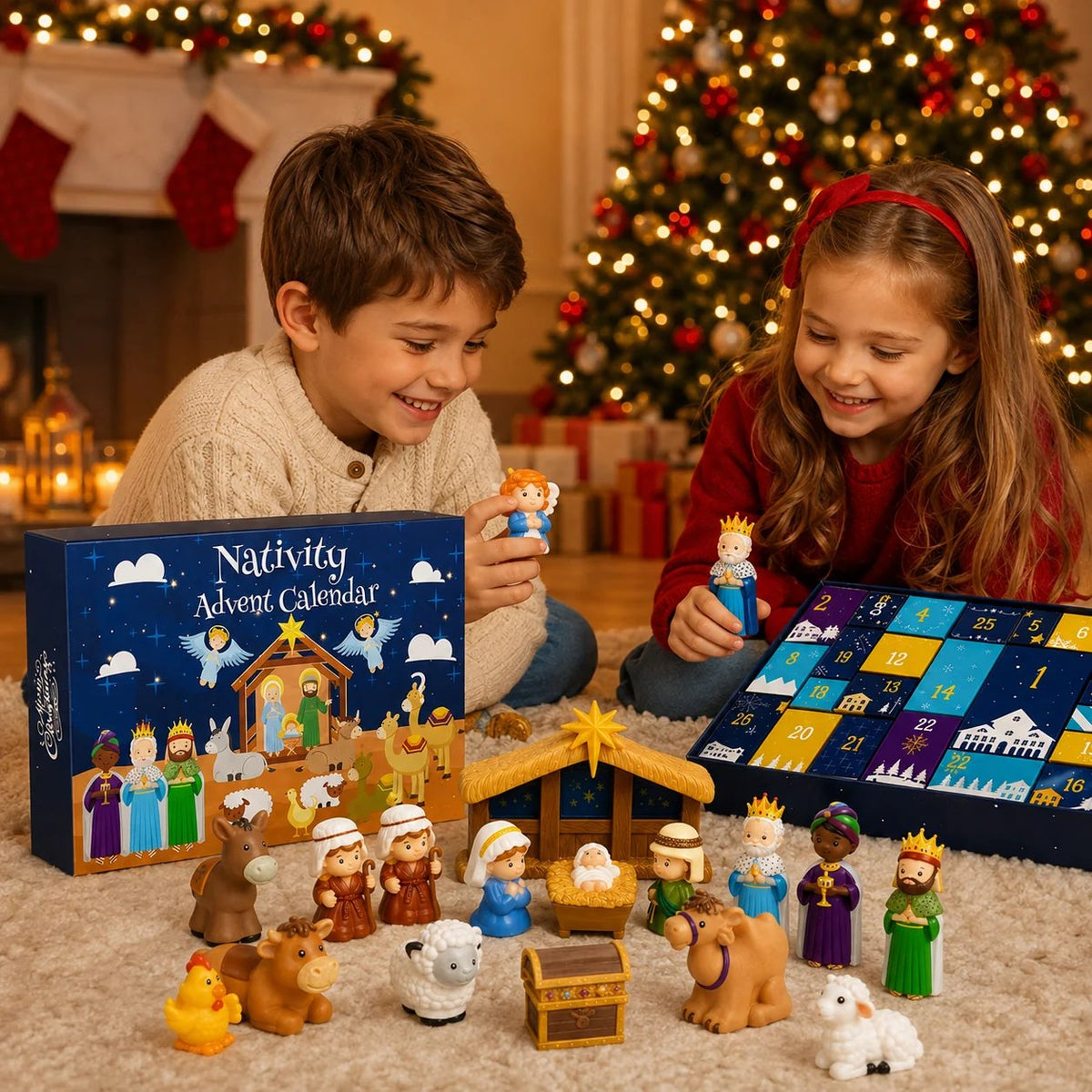 Two smiling children by a lit Christmas tree playing with the figures, stable, open tray and box 8