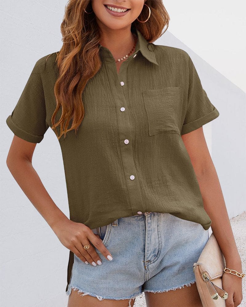 Cotton Blouse with Short Sleeves and Button Closure - Elin
