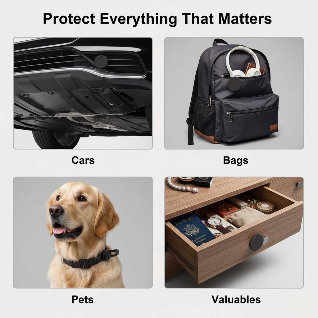 Four-panel collage showing the tracker on a car underbody, in a backpack pocket, on a golden retriever's collar and on a desk drawer. 8