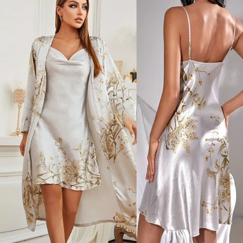 Two-piece satin nightdress & kimono with floral print – Noelle