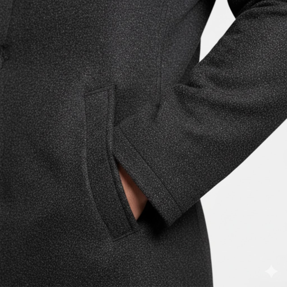 Close-up of the side pocket with a hand slipped inside, showing the flecked dark wool texture 8