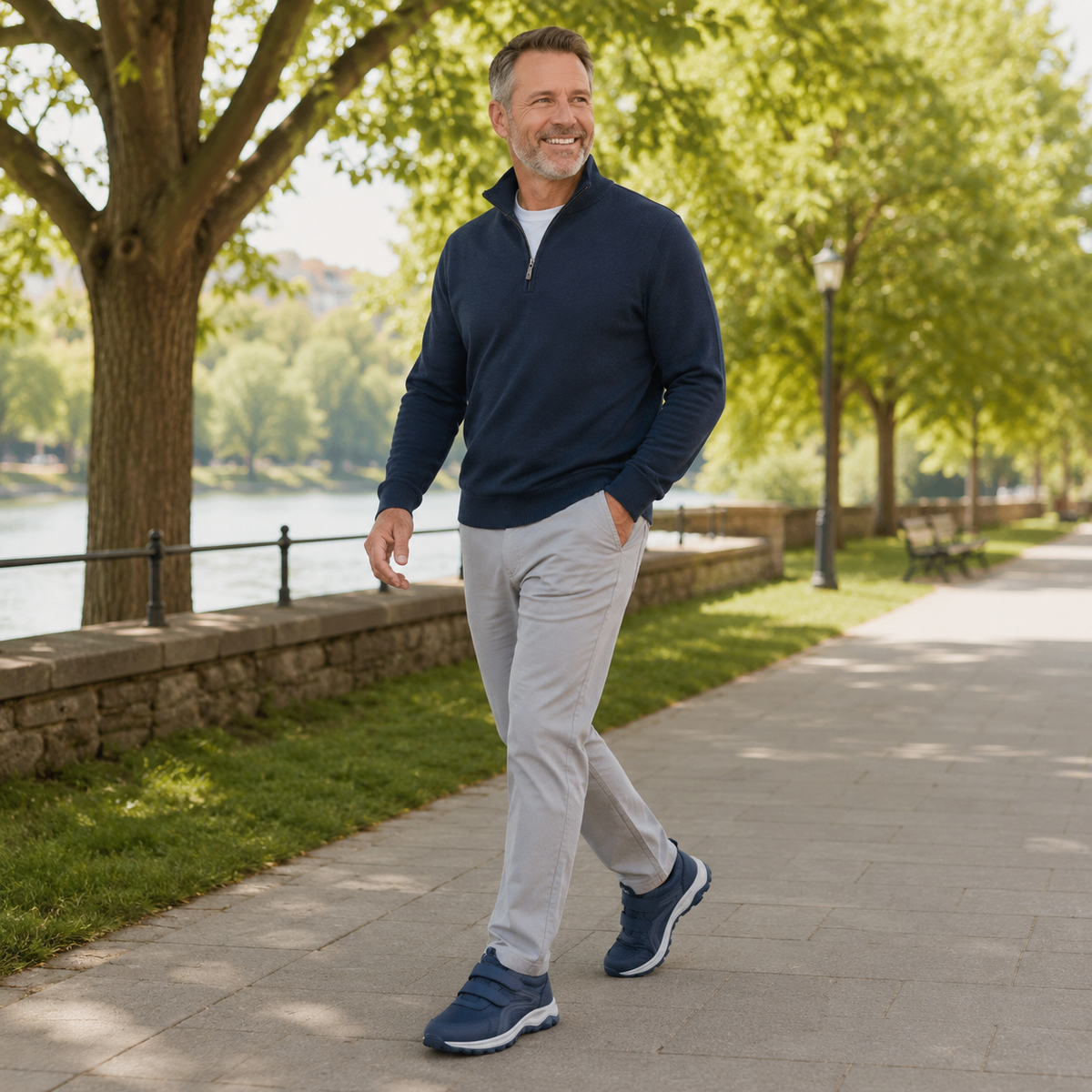 Smiling man in a navy zip-neck jumper and grey trousers strolling along a riverside path in navy strap shoes 18