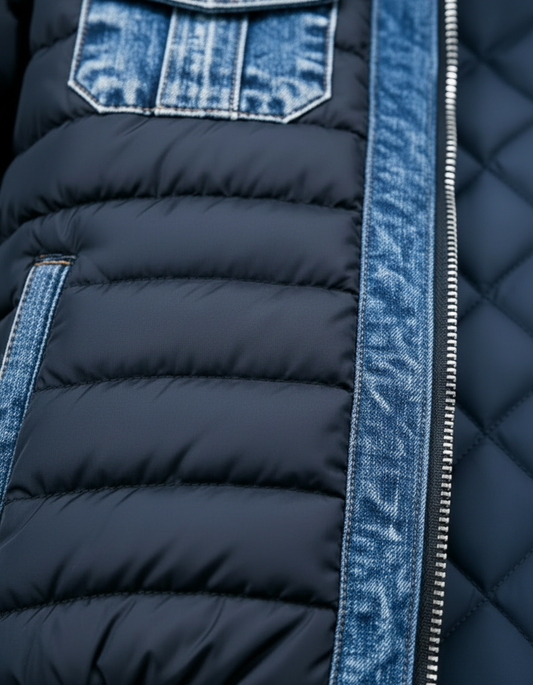 Close-up of the padded navy horizontal quilting beside a faded blue denim zip panel, with the diamond-quilted lining visible on the right. 2
