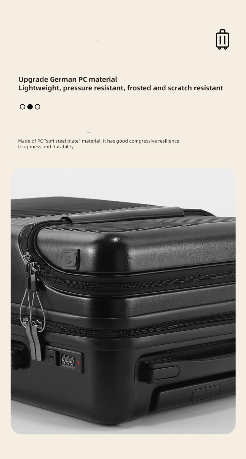 Hard-shell hand luggage with cup holder, USB port and TSA-approved lock.