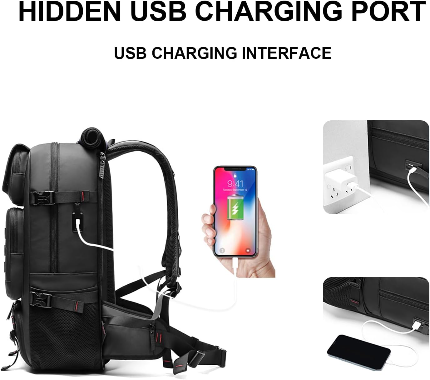 50‑litre waterproof travel rucksack with shoe compartment and USB port