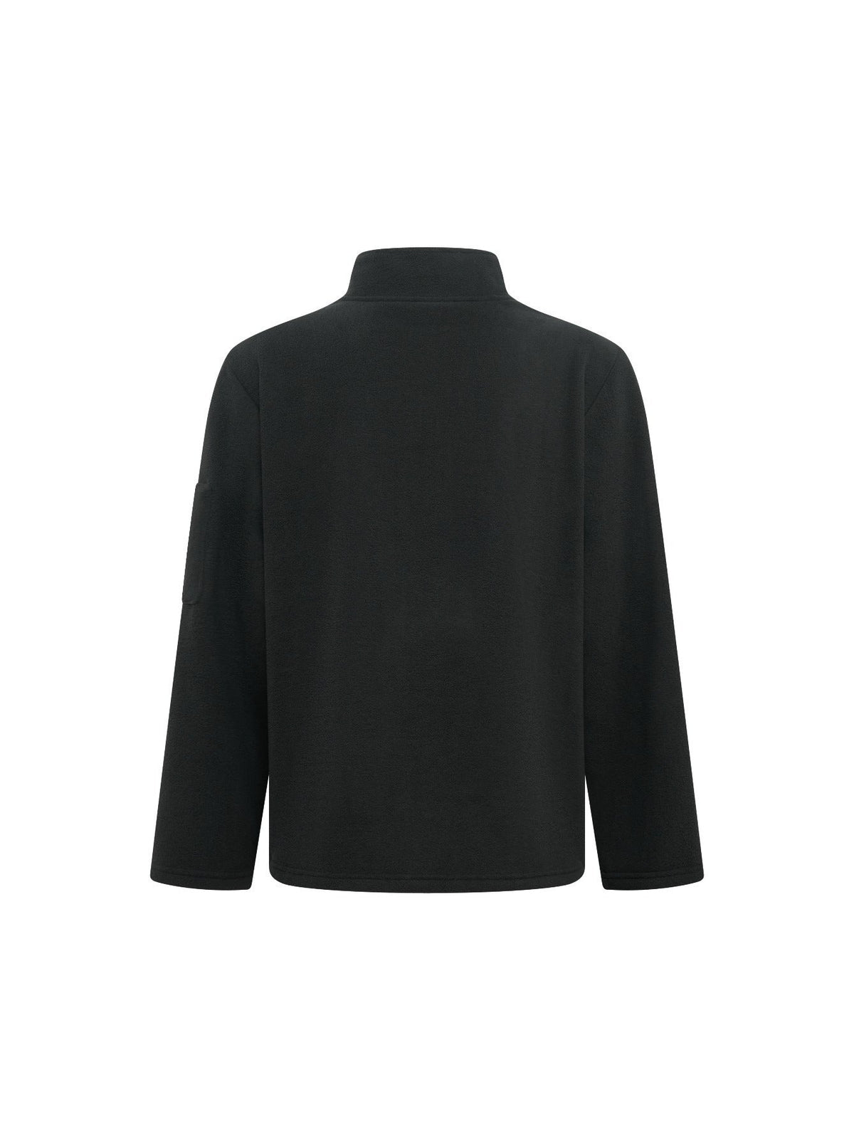 Back view of the black fleece jacket, plain back with stand collar and a sleeve pocket on the left arm. 11