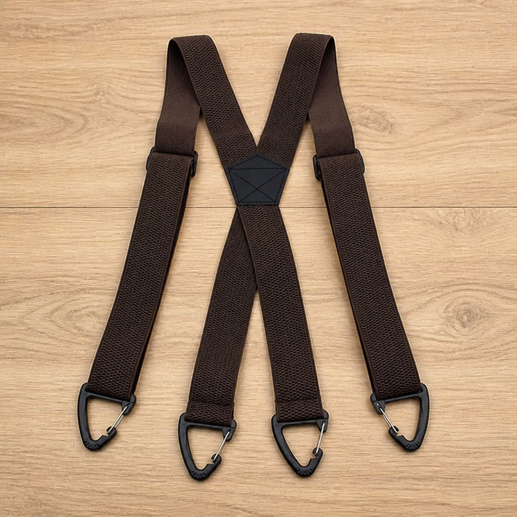 Dark brown X-back suspenders laid flat on a wooden surface, with black triangular clips and a stitched centre patch. 18