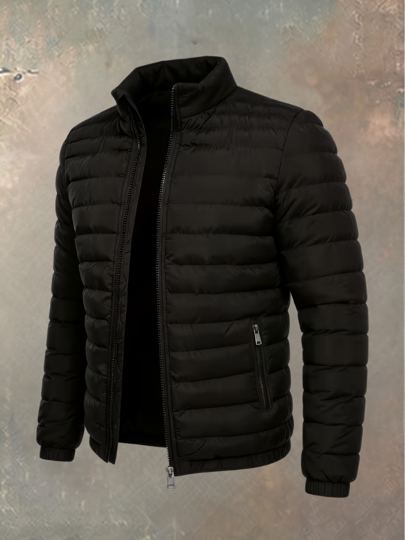 Black quilted puffer jacket with open zip, angled view showing the stand-up collar and side pocket 6