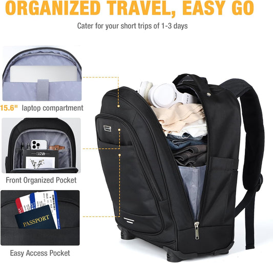 30L rolling backpack for laptops with four spinner wheels and a water-repellent design.