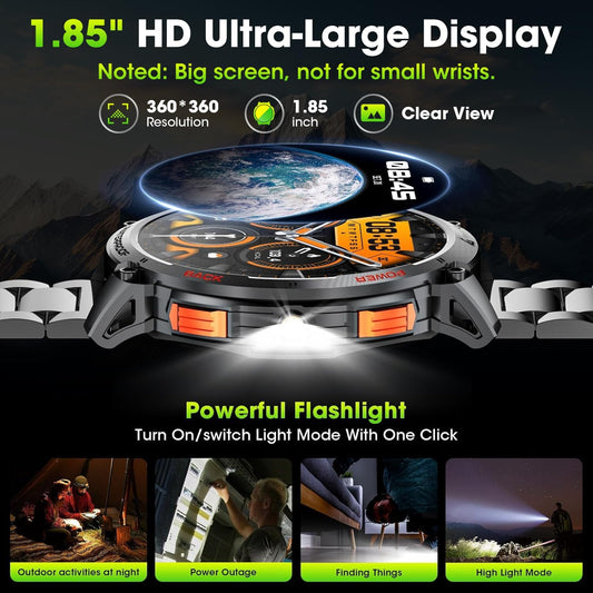 Men's military smartwatch with a 1.85-inch HD display and torch.