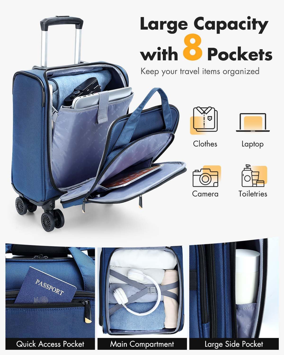 Airline-approved under-seat hand luggage with spinner wheels and a laptop compartment
