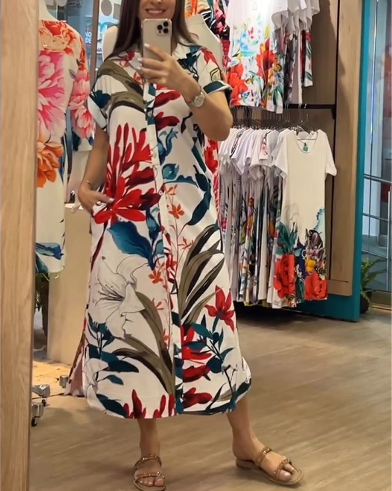 Trendy printed summer dress with shirt collar – Flora