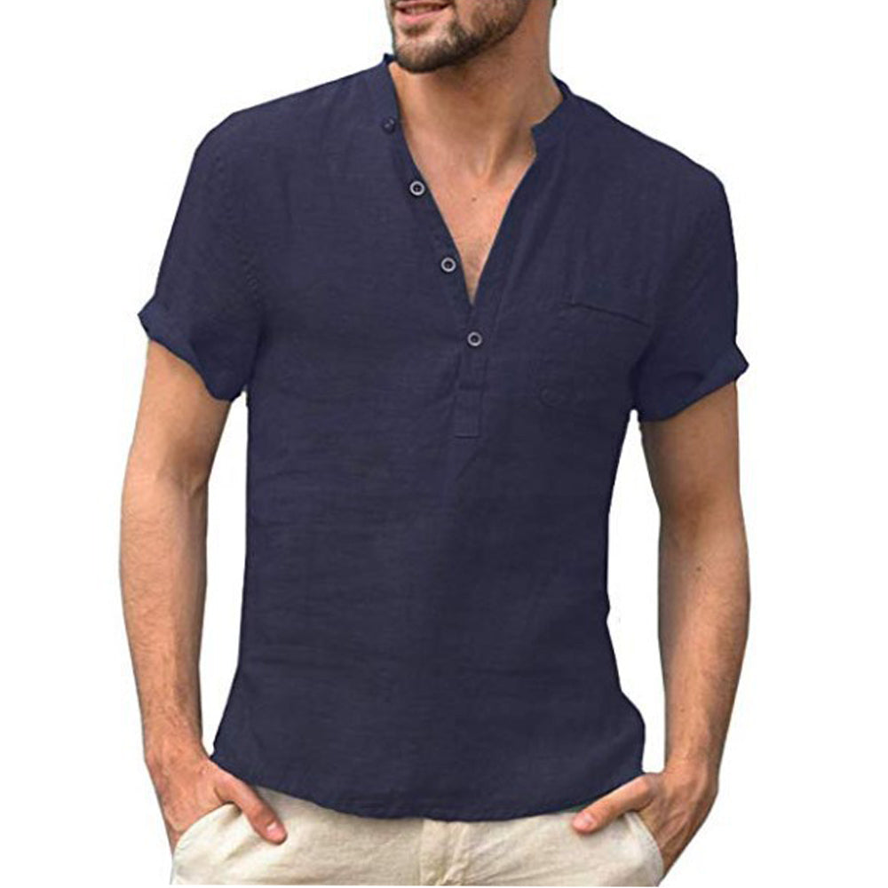 Men's Linen Shirt | V-Neck | Short Sleeves | Button Closure