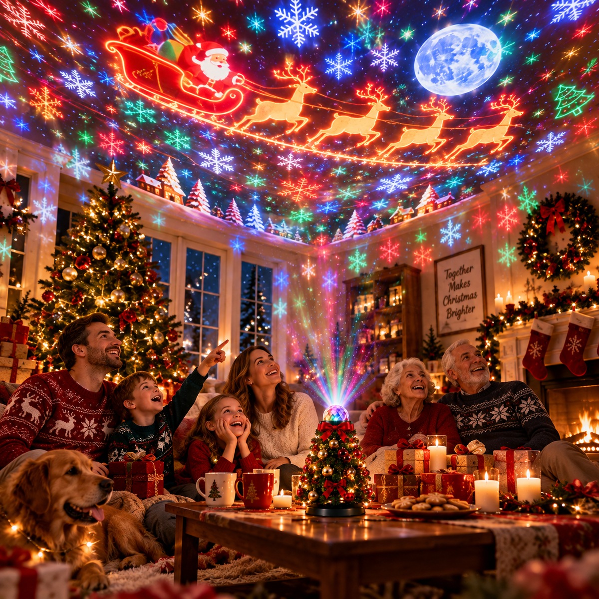 Smiling family and dog gathered around the tree projector, gazing up at Santa's sleigh on the ceiling 7