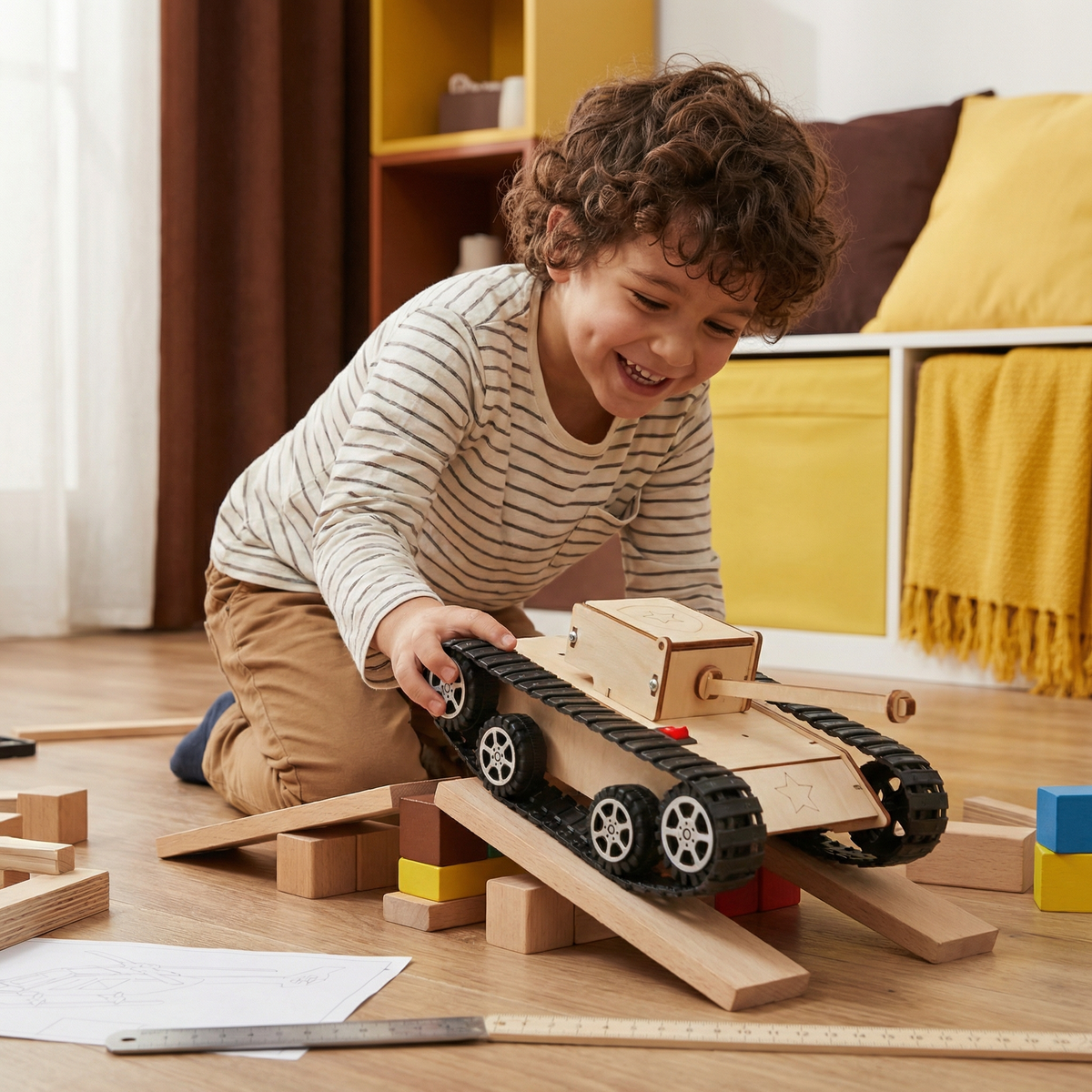Laughing boy on the floor drives a wooden tank model with black caterpillar tracks up a ramp of wooden blocks. 8