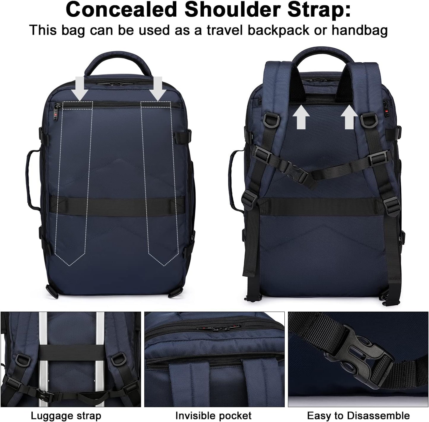 Expandable 45–55 L waterproof travel backpack with 46.5 cm laptop compartment