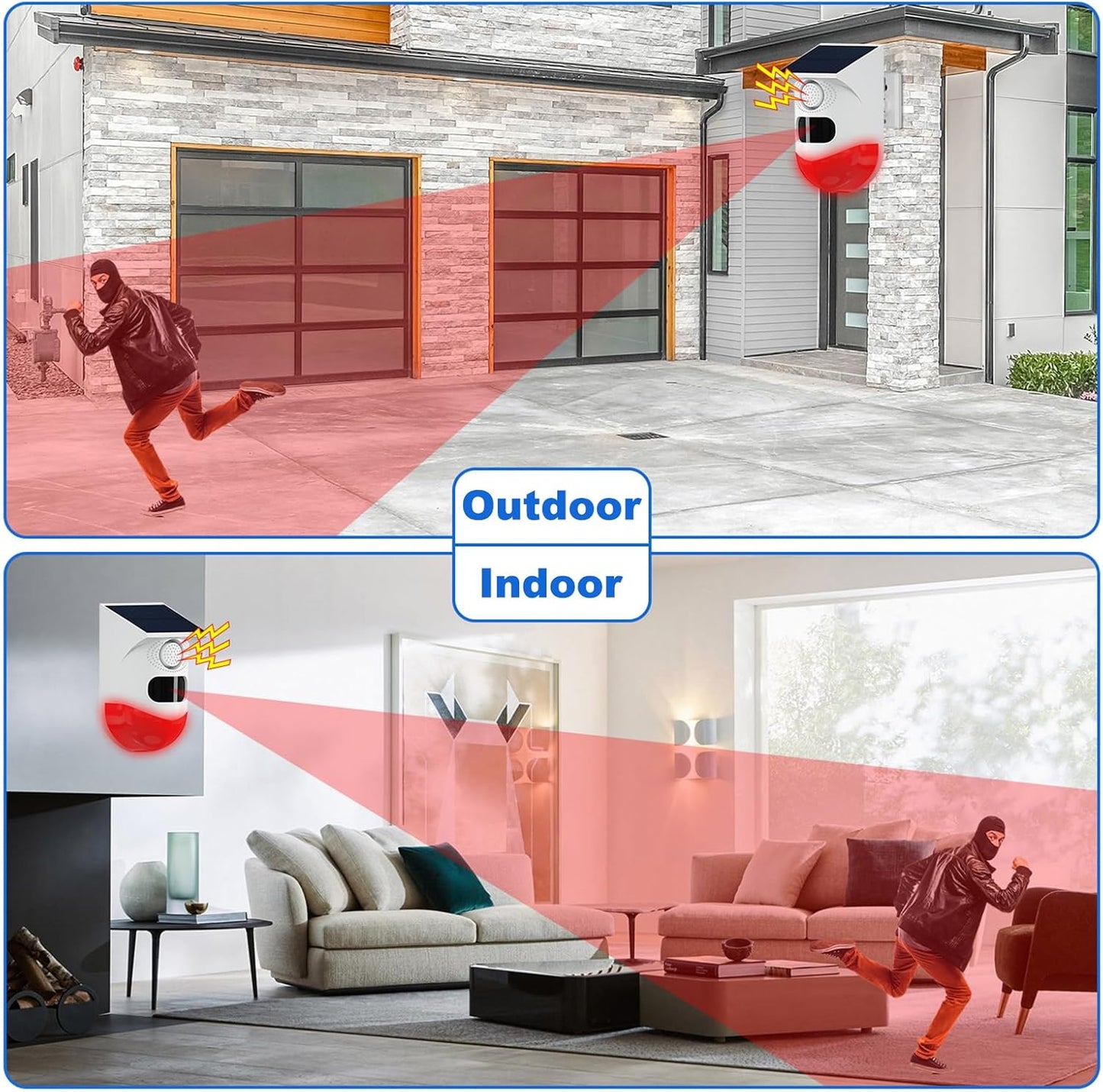 Solar motion sensor alarm with 120 dB siren and LED strobe – Feronix