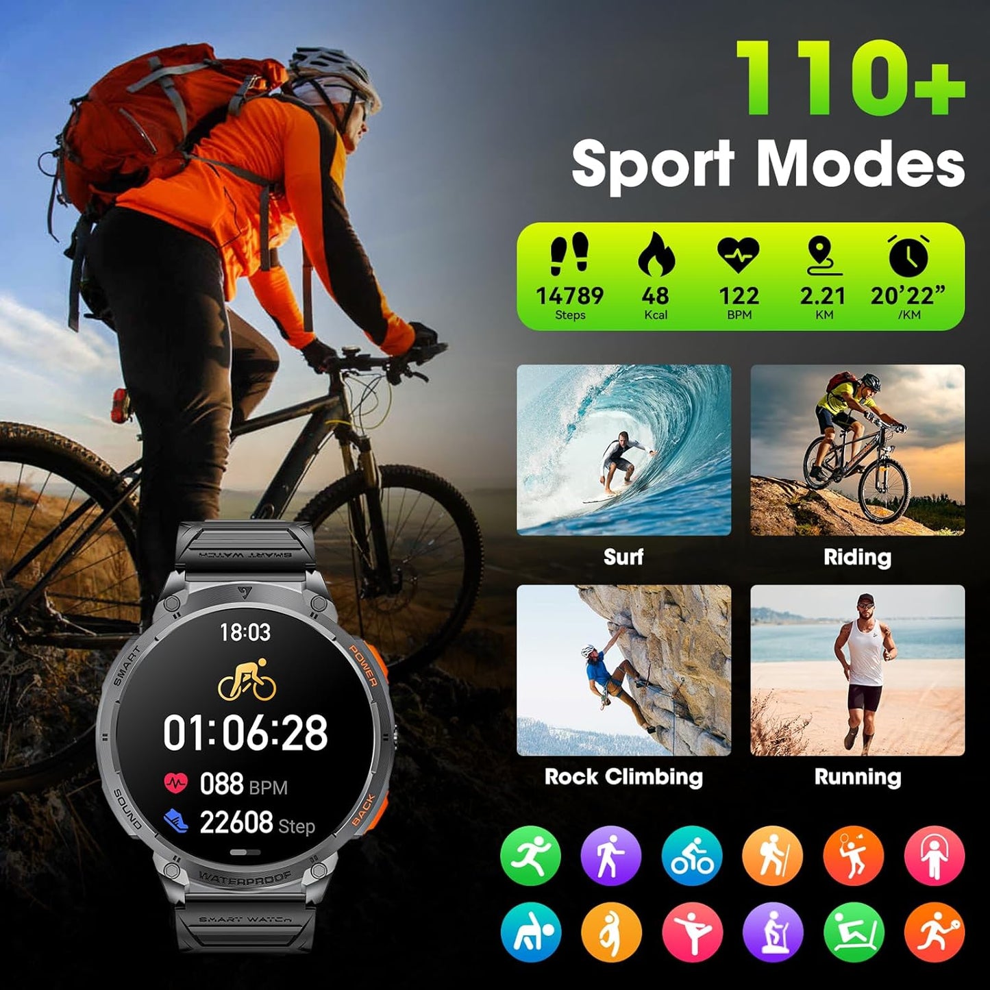 Men's military smartwatch with a 1.85-inch HD display and torch.