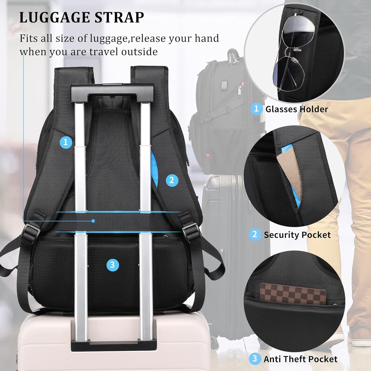 50L waterproof extra-large travel laptop backpack with USB port