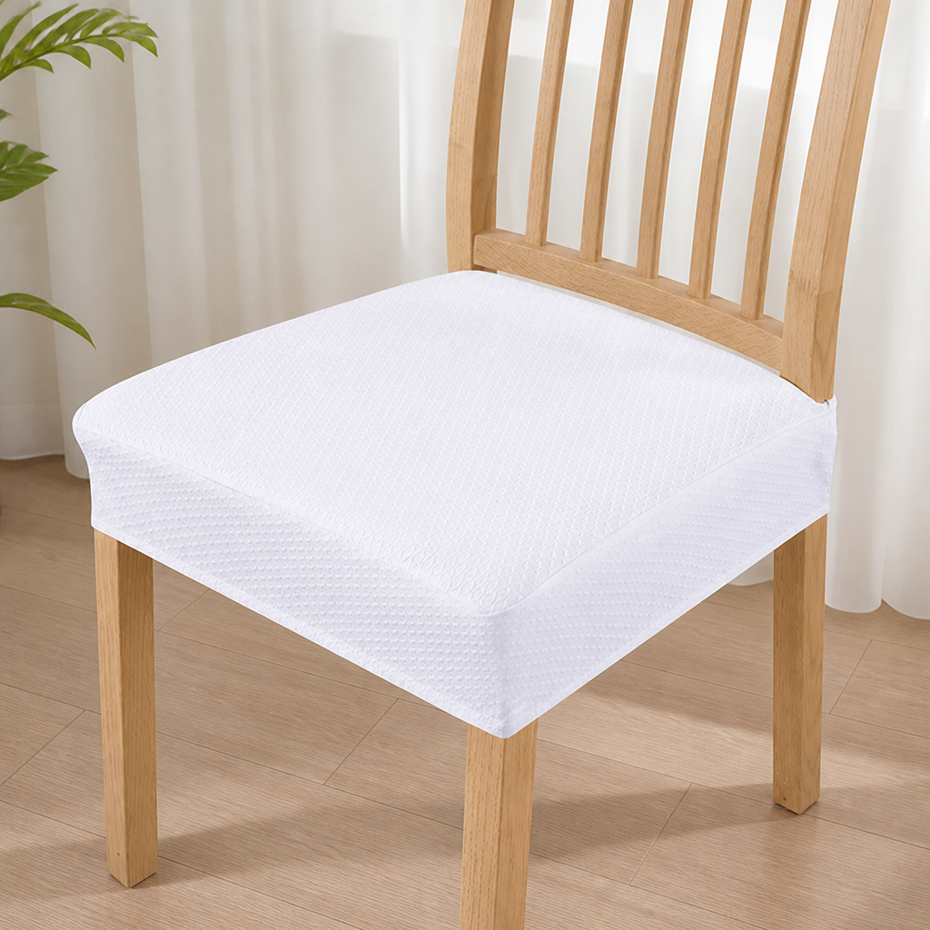 White diamond-textured seat cover fitted on a light wooden slatted chair in front of sheer white curtains. 16