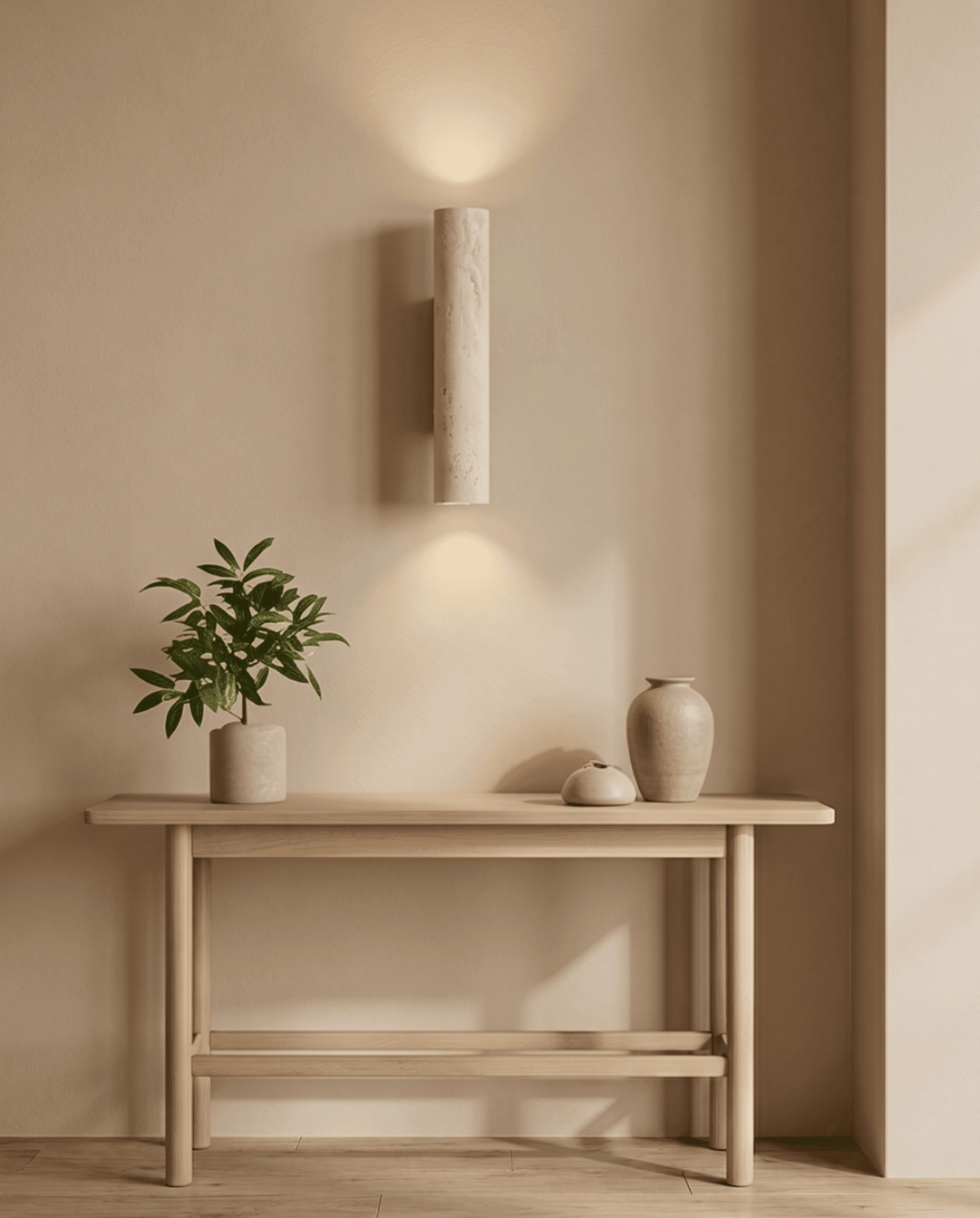 Lit wall light hung above a light wood console table with a plant and ceramic vases 8