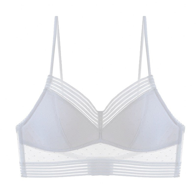 Second flat lay of the white bra, front view, with thin straps, striped V-neckline and sheer dotted mesh above the striped band. 12