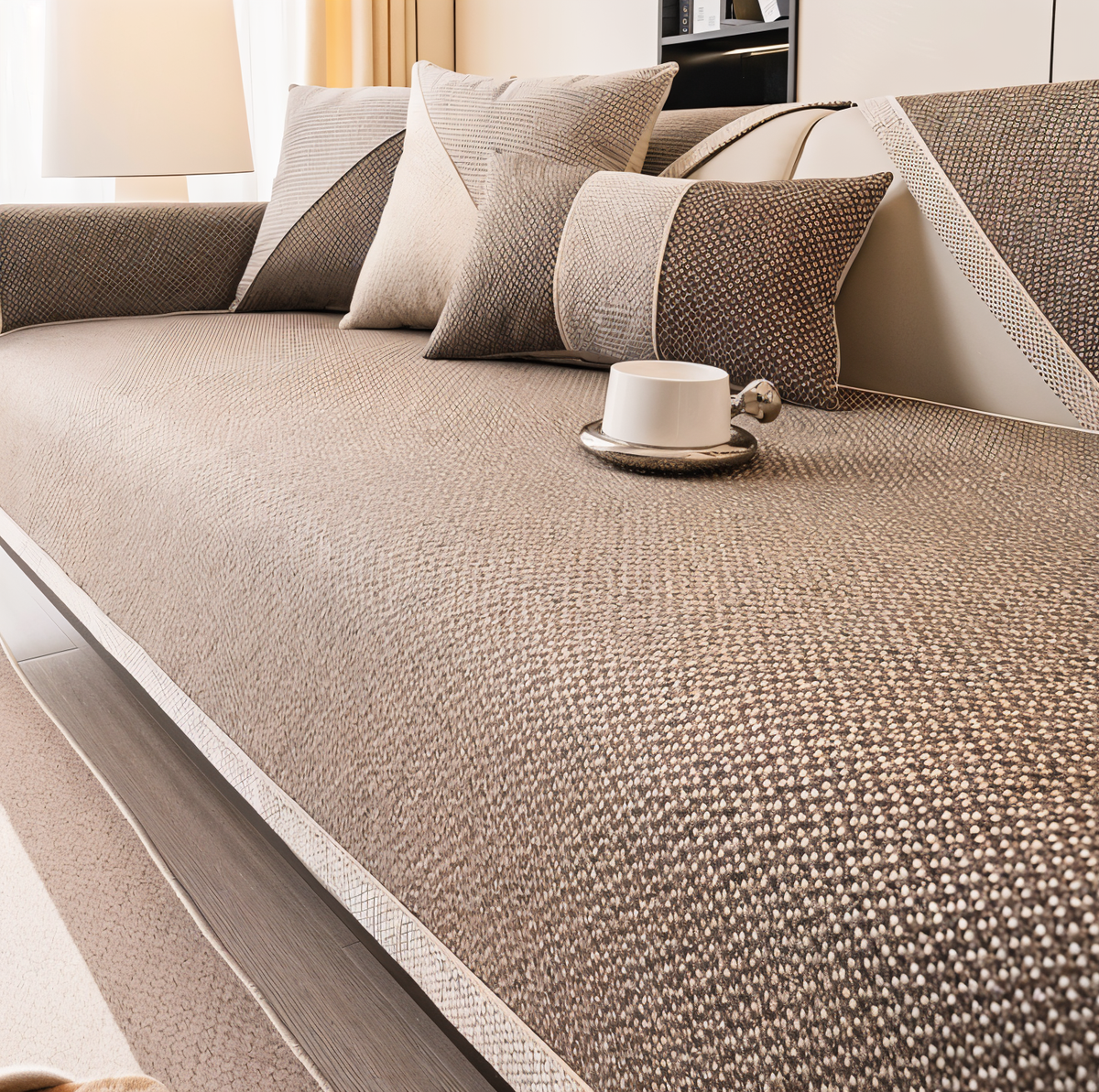 Brown version of the woven sofa cover on the seat and armrest, with brown and cream cushions and a white cup. 10